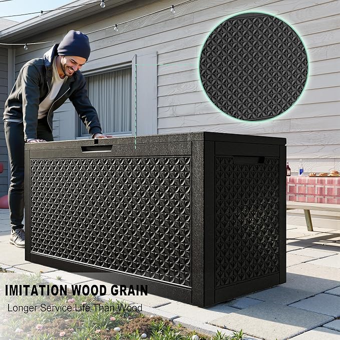ROJIK Outdoor Storage Housing Deck Box - Waterproof Patio Furniture, Garden Tools, Cushions, Pool Accessories Storage Bench with Lockable Lid and Side Handles (Black,125 Gal)