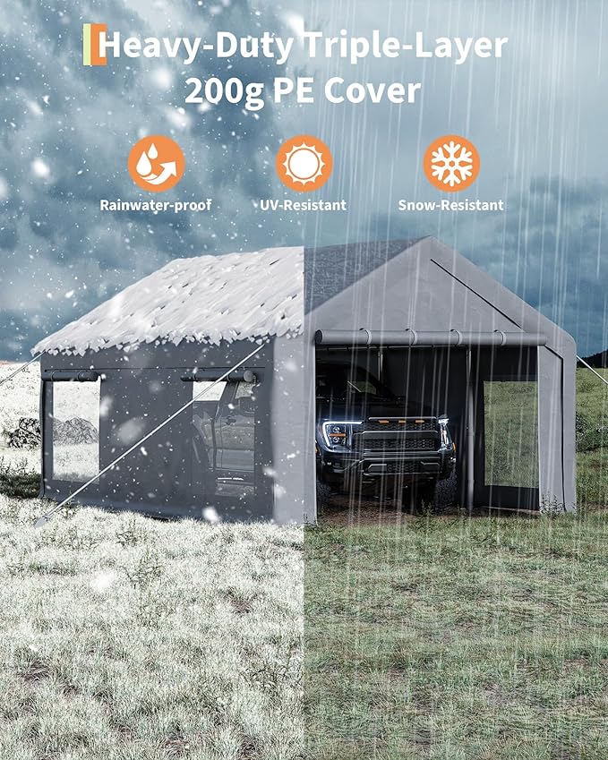 GarveeLife 12x20 ft Portable Garage, Car Port with 200 g PE Tarp Cover, with Front & Rear Roll-Up Doors and 4 Windows, for Temporary Paint Booth, Boats&Pickups Shed, and Event Shelter, Gray
