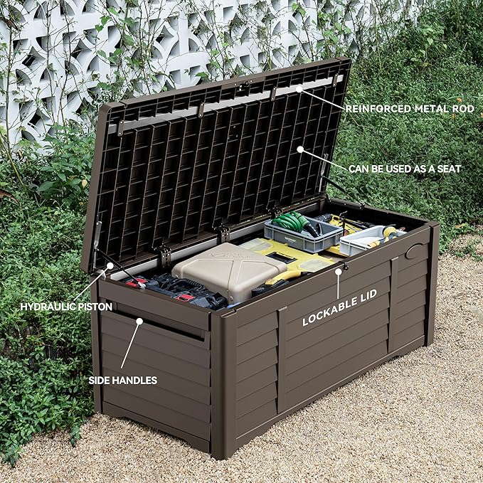 DWVO Large Deck Box 150 Gallon Waterproof Outdoor Storage Box, Extra Large Outdoor Bin, Resin Louvered Patio Storage for Pillows, Garden Tools & Pool Supplies, Lockable, Dark Brown