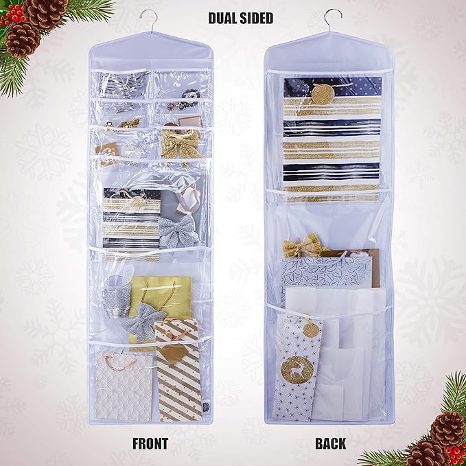 Large Double-Sided Hanging Gift Bag Organizer and Tissue Paper Holder (White)