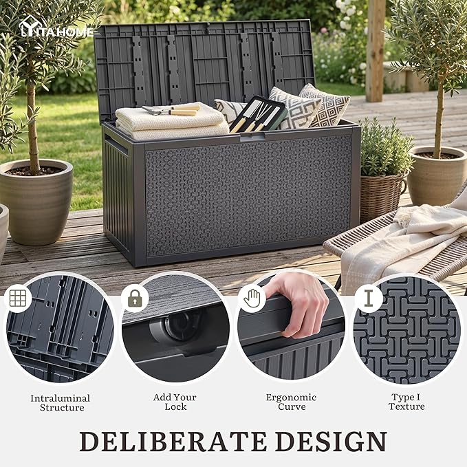 YITAHOME 90 Gallon Outdoor Deck Box, Lockable Resin Deck Box with Handles, Outdoor Storage Box for Patio Furniture, Garden Tools, Waterproof & UV Resistant, Dark Grey