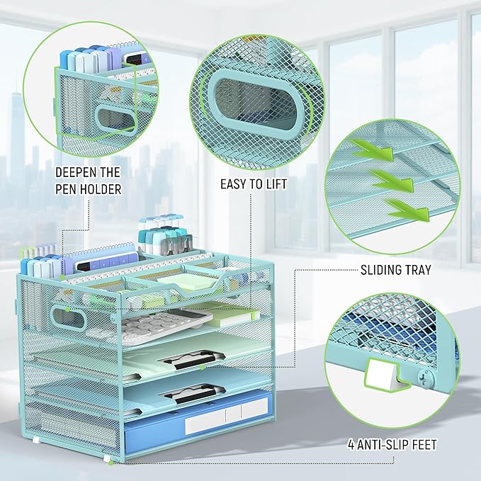 Docnest 5 Tier Mesh Desk Organizer- Letter Tray with Adjustable Compartments, Mesh Desktop Storage Built in Pen Holder and Handles, Desk Organizer Tray for Mail Documents Office Supplies-Blue
