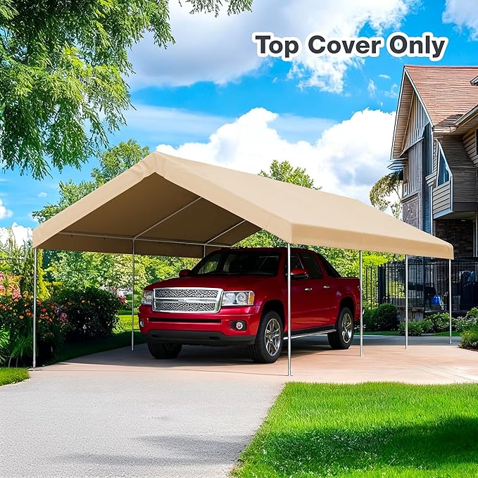 10x20 FT Carport Replacement Canopy Top Upgraded Car Port Canopy Cover for Carport Party Tent Waterproof & UV Protected, Easy Installation with Ball Bungees, Beige (Top Cover Only, Frame Not Included)