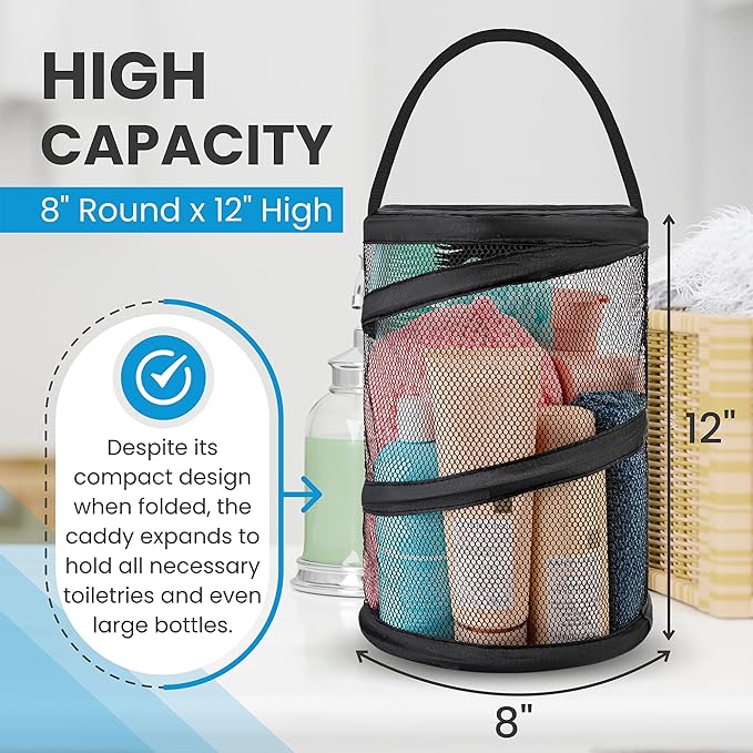 Handy Laundry Foldable Shower Caddy - Collapsible, Portable, Drainage Hole, Carry Handle, Large Compartments, Great Organizer for Camp, Travel, Gym, and Dorm (Black)