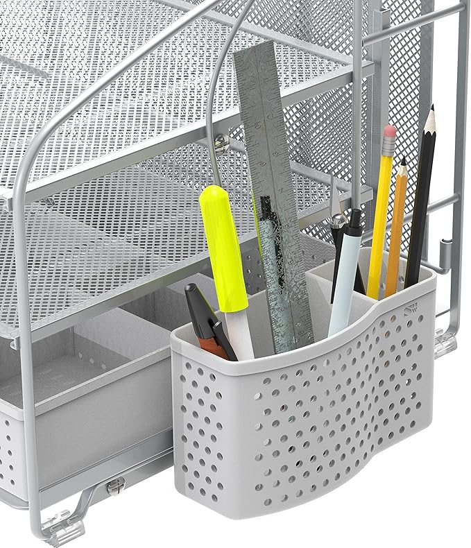 Simple Houseware 3-Tier Desk Organizer with Sliding Drawer, Hanging File Holder and Pen Holder Accessory, Silver