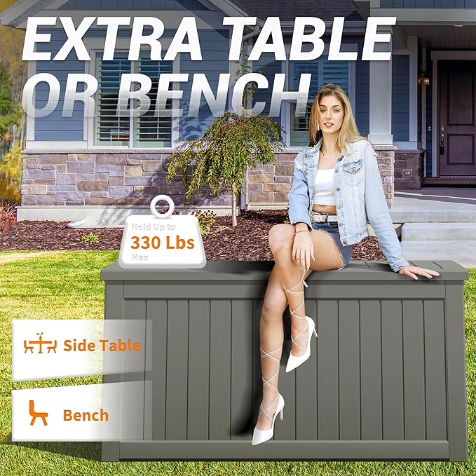 240 Gallon Outdoor Storage Box, Resin Deck Boxes Outdoor Waterproof For Patio Furniture, Garden Tools, Pool Supplies, Lockable And UV Resistant (Striped Gray)