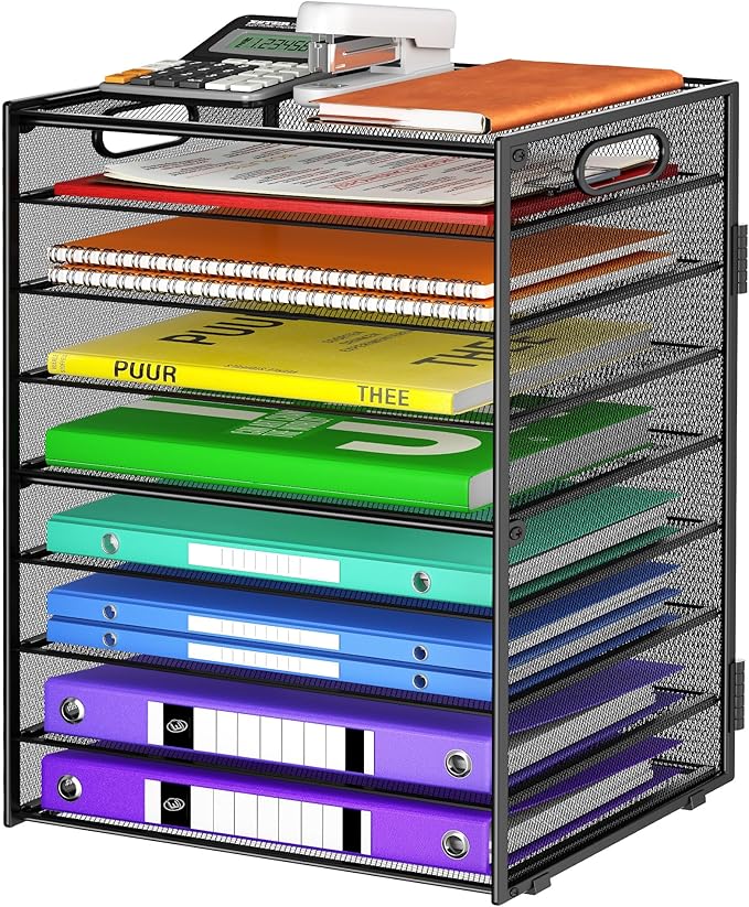 9 Tier Paper Organizer with Handle, Black Large Capacity Desk Organizer Mesh File Folder Letter Paper Tray Desktop Document Sorter for Classroom, School, and Office Accessories Organization