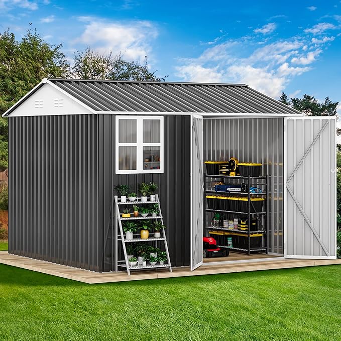 DWVO 10' x 8' Outdoor Storage Shed, Waterproof Metal Garden Shed with Windows, Lockable Doors, and Sloped Roof for Patio, Backyard, Lawn, Tool Storage, Bike Shed, Pet Shelter (Gray + White)