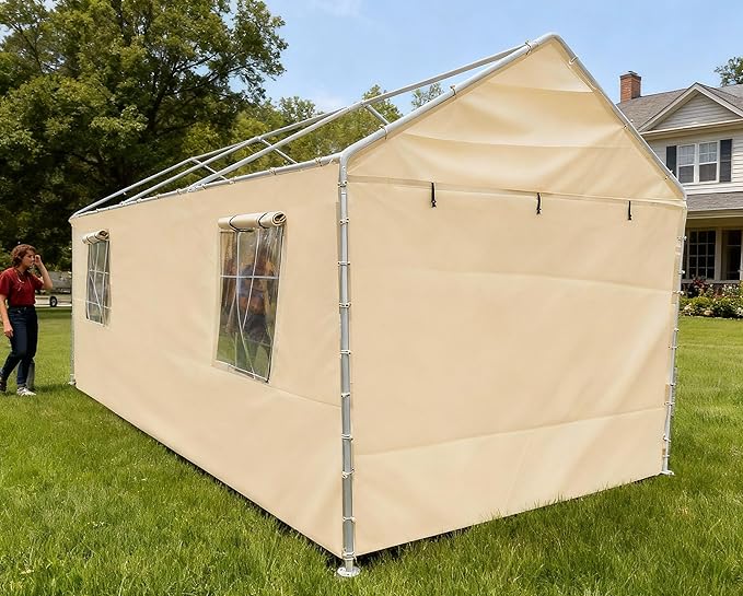 Rutile 10x20 Carport Replacement Sidewall, 180G PE Waterproof & UV Protected Sidewall Cover (Beige, Front/Back Panel)