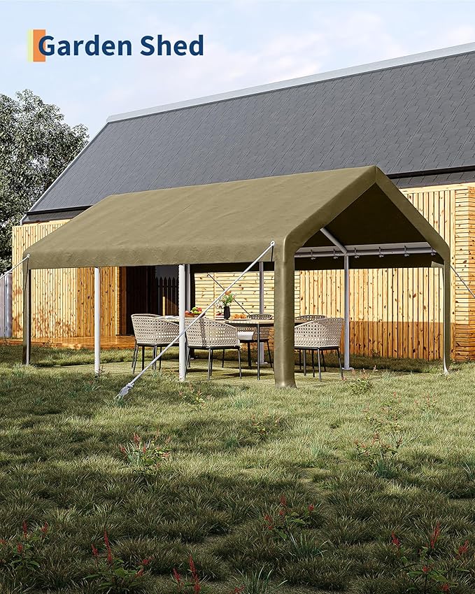 GarveeLife 12x20 ft Portable Garage, Car Port with 200 g PE Tarp Cover, with Front & Rear Roll-Up Doors and 4 Windows, for Temporary Paint Booth, Boats&Pickups Shed, and Event Shelter, Khaki