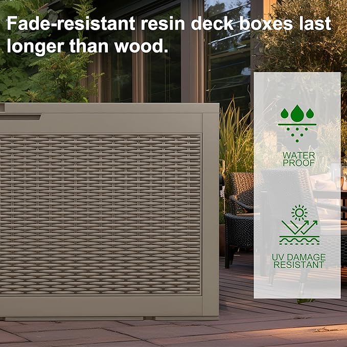 120 Gallon Outdoor Deck Box,Waterproof Resin Outdoor Storage Boxes, Outside Storage Lockable Container for Garden Tools,Indooor Cushions,Accessories (Grey)
