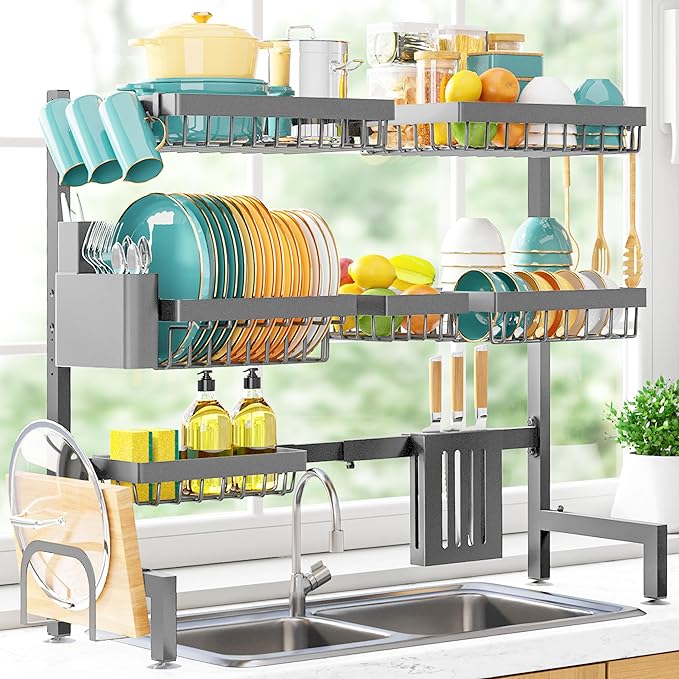 Over The Sink Dish Drying Rack - Adjustable 3 Tier XX-Large Capacity Stainless Steel Drainer with Cutlery & Utensil Holders, Kitchen Storage & Organization, 31.5"-39.5"L x 12"W x 30.5"H, Gray