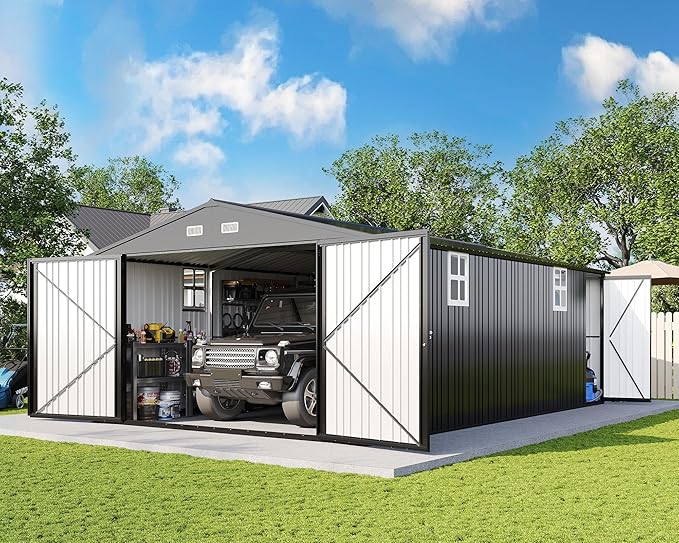 AMERLIFE 13x21x8 FT Outdoor Metal Garage Shed, Extra Large Storage Shed with Double Hinged Doors, 4 Windows, Heavy Duty Carport for Cars, Boats, Trucks and Equipment Storage, Dark Gray