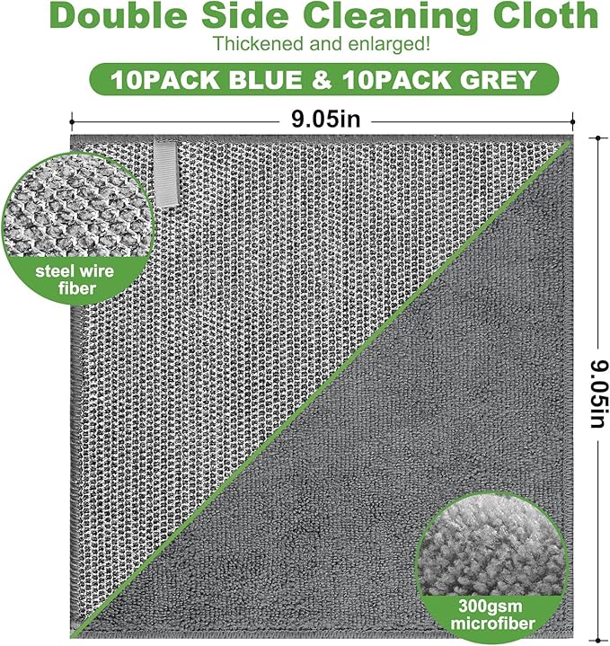 20Counts Multipurpose Wire Dishwashing Rag,Non Scratch Wire Dishcloth,Microfiber Miracle Cleaning Cloth with Mesh,Dual-Sided Steel Mesh Cloth for Pot,Metal Scrubber for Washing Dishes,Grey&Blue