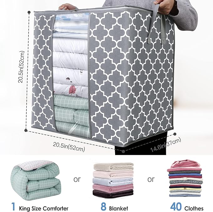 WISELIFE Storage Bags [3 Pack/100L] Large Blanket Clothes Organization and Storage Containers for Comforters,Bedding, Foldable Organizer with Reinforced Handle, Clear Window, Sturdy Zippers,Light Gray