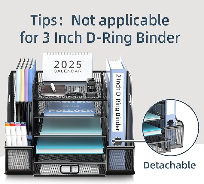 SUPEASY Mesh Desk Organizer with File Holder, 5-Tier Paper Letter Tray Organizer with Magazine Holder, Desktop Organizer and Storage with Drawer for Office Supplies Home or School (Black)