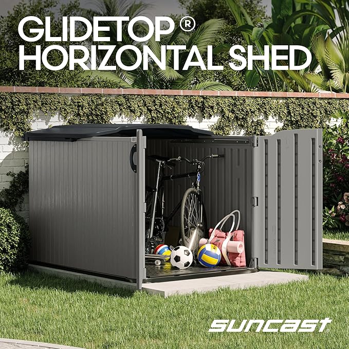 Suncast 138 Cu Ft Horizontal Outdoor Storage Shed, 57.5"x79.75"x52" Glidetop Outdoor Shed with Sliding Lid, Resin Storage Sheds with Floor for Bikes, Motorcycles, & Lawn Mower, Made in The USA