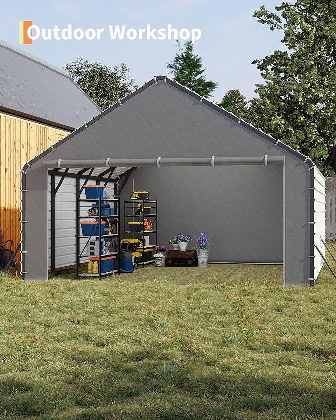 GarveeLife Heavy-Duty PE Enclosure Kit (2-Pack) for Metal Carport - 220gsm Roll-Up Zipper Door Panels for 20x25, 20x20 ft, with Ball Bungees, Gray