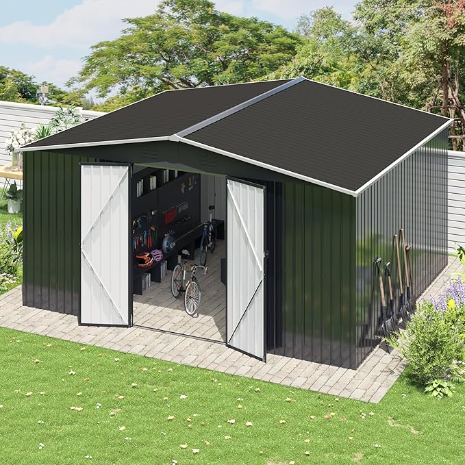 Polar Aurora 12x14 FT Outdoor Storage Shed, Garden Shed with Updated Frame Structure and Lockable Doors, Metal Tool Sheds for Backyard Garden Patio Lawn, Black