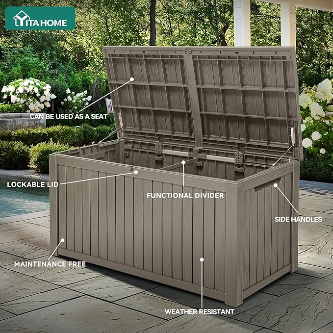 YITAHOME 180 Gallon Large Outdoor Storage XL Deck Box w/Divider for Patio Furniture,Outdoor Cushions, Garden Tools, Sports Equipment and Pool Supplies, Waterproof, Resin, Lockable, Taupe