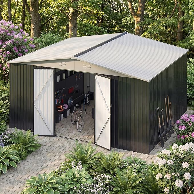 12x14 FT Storage Shed,Garden Shed with Updated Frame Structure and Lockable Doors, Metal Tool Sheds for Backyard Garden Patio Lawn,White