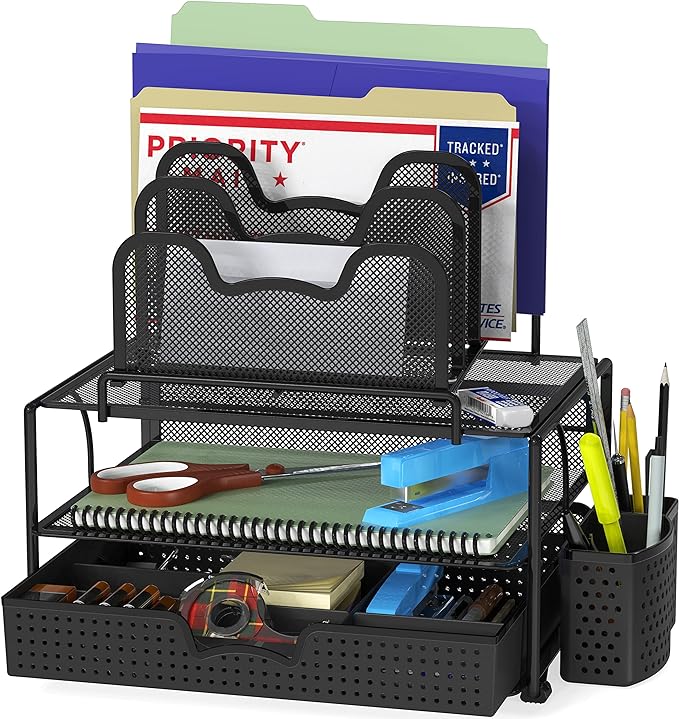 Simple Houseware Mesh Desk Organizer with Sliding Drawer, Double Tray and 5 Stacking Sorter Sections, Black