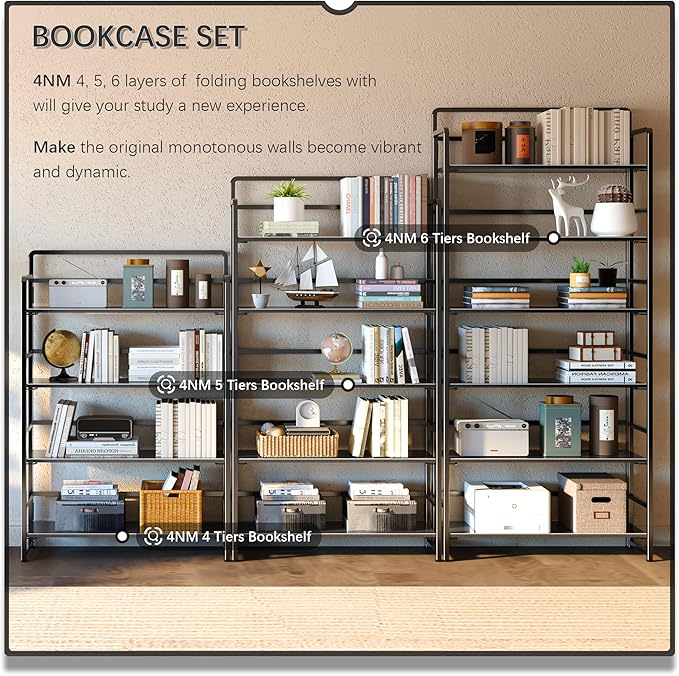4NM No Assembly Extra Wide 4 Tiers Folding Bookshelf Storage Shelves Vintage Bookcase Standing Racks Study Organizer Home Office (All Black)