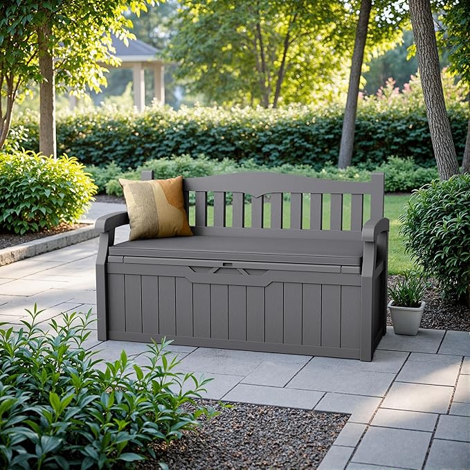 Devoko 80 Gallon Storage Bench with Cushion, Lockable Deck Box for Patio Furniture, Garden Decor and Outdoor Seating for Cushions, Garden Tools and Pool Supplies (Grey, 80 Gallon with Cushion)