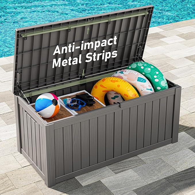 150 Gallon Outdoor Storage Box, Resin Deck Boxes Outdoor Waterproof For Patio Furniture, Garden Tools, Pool Supplies, Lockable And UV Resistant (Striped Gray)