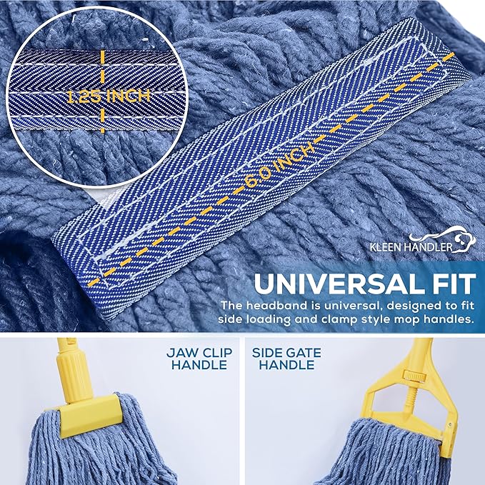 Pack of 24 Cut End Blended Mop Head Replacement, 1.25-inch Universal Headband, Wet Mop Refills, Blue, 16 Oz