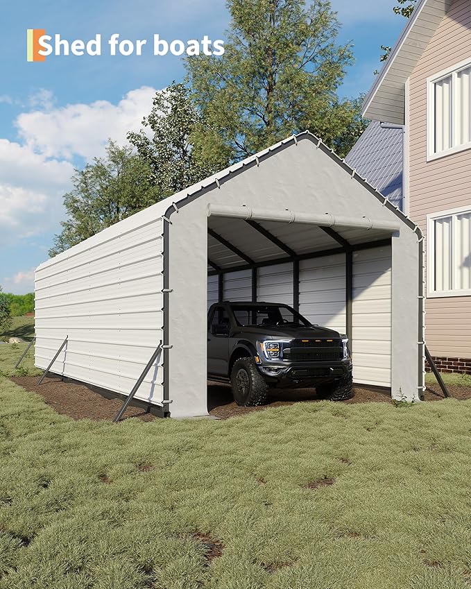 GarveeLife Heavy-Duty PE Enclosure Kit (2-Pack) for Metal Carport - 220gsm Roll-Up Zipper Door Panels for 13x26, 13x21, 13x16 ft, with Ball Bungees, White