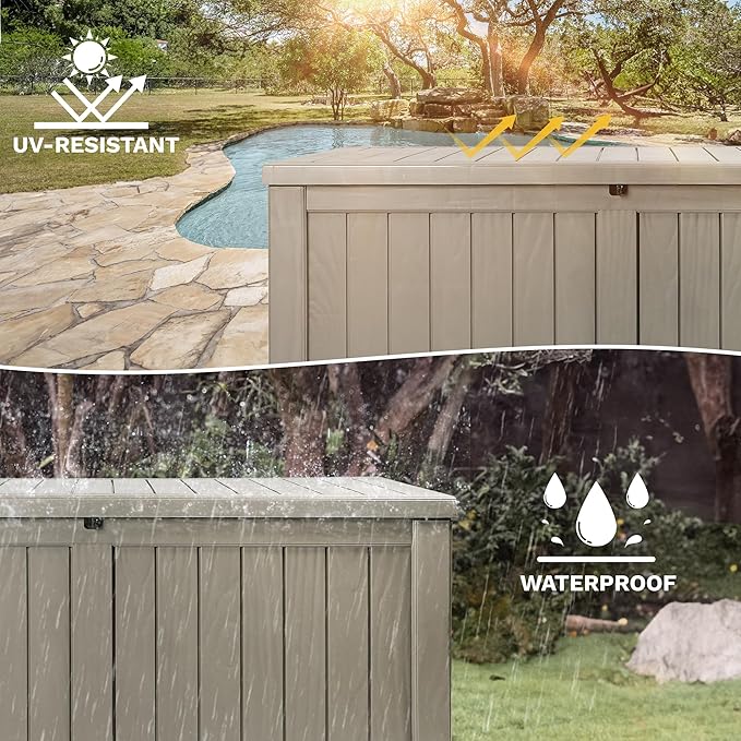 DWVO 230 Gallon Outdoor Storage Box, XXL Weather Resistant Resin Large Deck Box for Patio, Cushions, Tools, and Sports Equipment - Light Brown