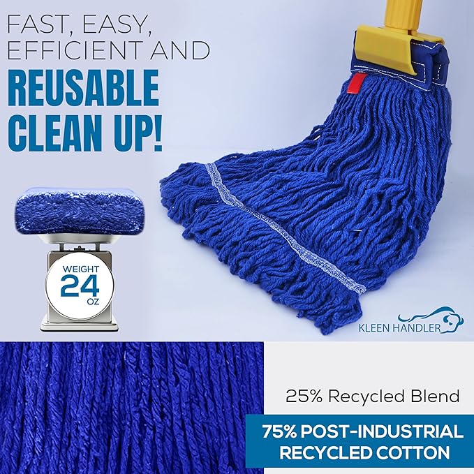 KLEEN HANDLER Blended Loop End Heavy Duty Mop Head Replacement, Wet Mop Refills for Industrial and Commercial Use, Dark Blue, 24 Oz (6-Pack)
