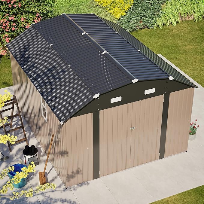 10×12 FT Outdoor Storage Shed,Heavy-Duty Metal Shed with Floor Base,All Weather Waterproof Tool Shed W/Diamond Roof & Windows,Lockable Double Door & 4 Air Vents,for Backyard,Patio,Lawn,Brown