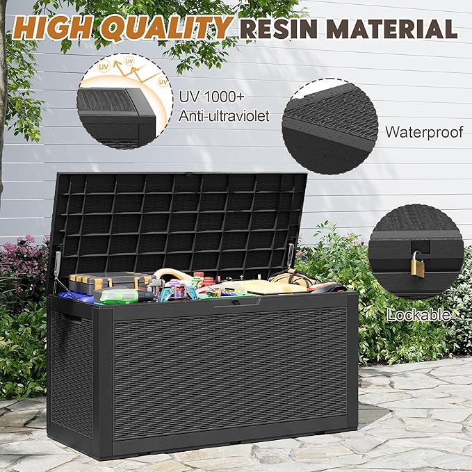 Oudoor Storage Deck Boxes Waterproof, Waterproof and UV Resistant Outdoor Storage Box Lockable Lid for Delivery Box, Indoor, Garden Tools, Pool Supplies, Patio (Black, 110 Gallon)