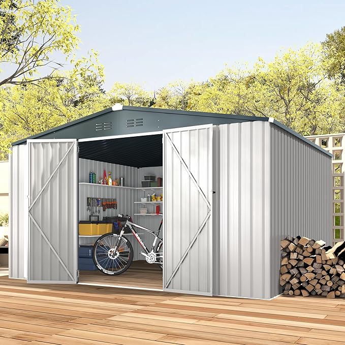 AECOJOY Shed 10'x12' Storage Shed Large, Sheds & Outdoor Storage Clearance 12x10 Sheds with Lockable Doors, Utility and Tool Storage Shed for Garden, Backyard, Patio, Outside use in White