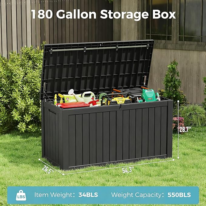 Oudoor Storage Deck Boxes Waterproof, Waterproof and UV Resistant Outdoor Storage Box Lockable Lid for Delivery Box, Indoor, Garden Tools, Pool Supplies, Patio (Black, 180 Gallon)