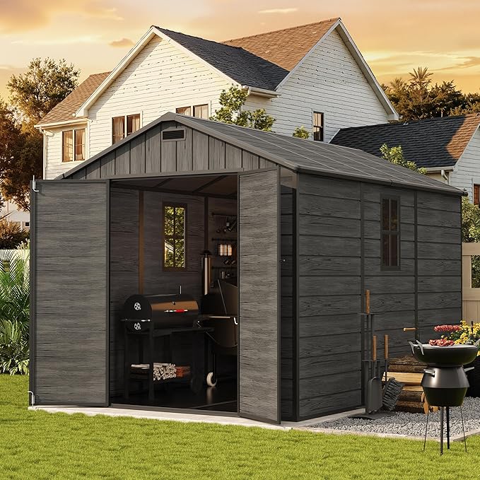 UDPATIO Outdoor Resin Storage Shed 8 x 10 FT, Plastic Storage Shed with Floor Large Outdoors Garden Tool Storage Shed Outside Clearance Shed with Lockable Door for Bike, Backyard, Patio, Dark Grey