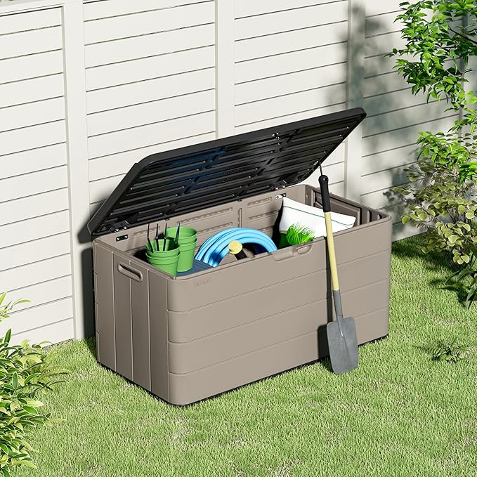 Outdoor Storage Box, 100 Gallon Plus Resin Deck Box Waterproof for Patio Furniture, Garden Tools and Pool Accessories, Lockable UV-Resistant Storage Bin Bench Cabinet for Outside, Brown