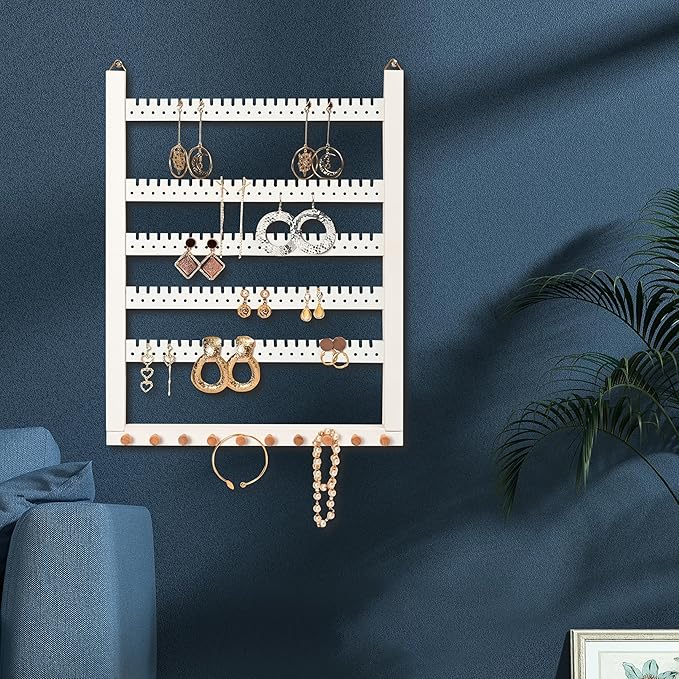 Wall Mounted Earring Organizer, Earring Holder Organizer Wall,Solid Wood Earring Hanging Jewelry Organizer and Storage, Wooden Necklace Holder, Earring Display for Studs, Dangling, Bracelet and Rings