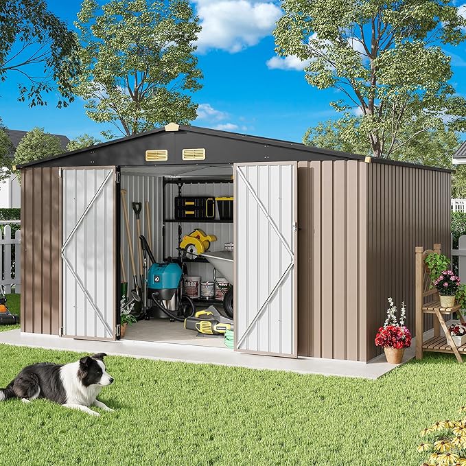 IRONCK 10x12FT Outdoor Storage Shed, Metal Garden Tool Shed with Breathable Vent and Lockable Doors, Outside Storage for Backyard, Poolside, Patio, Brown