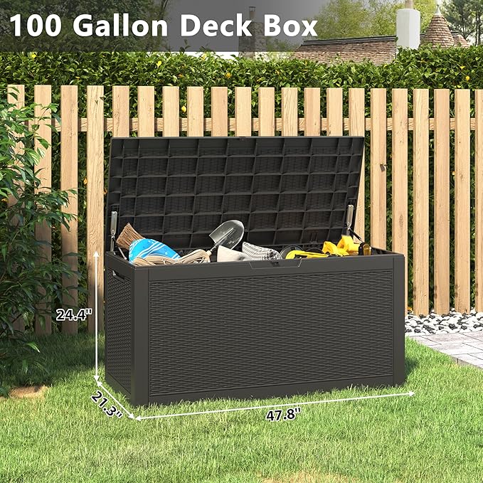 Oudoor Storage Box, 100 Gallon Resin Waterproof Deck Box Outside, Lockable Lid for Delivery Box, Patio, Indoor, Garden Tools, Pool Supplies - Black