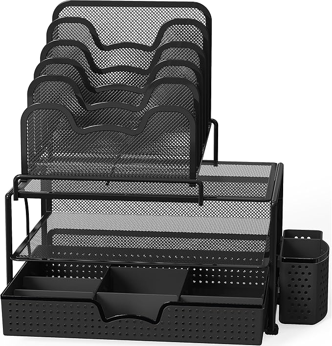 Simple Houseware Mesh Desk Organizer with Sliding Drawer, Double Tray and 5 Stacking Sorter Sections, Black