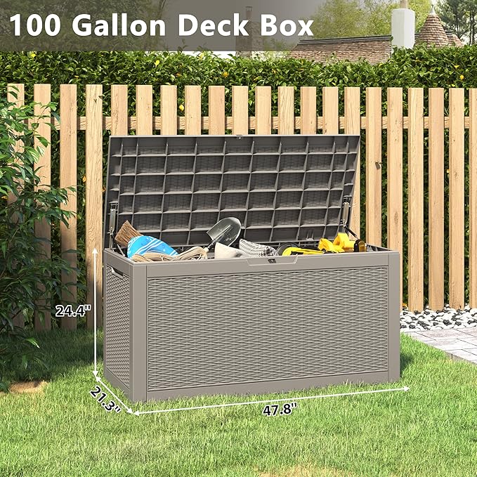 Oudoor Storage Box, 100 Gallon Resin Waterproof Deck Box Outside, Lockable Lid for Delivery Box, Patio, Indoor, Garden Tools, Pool Supplies - Grey
