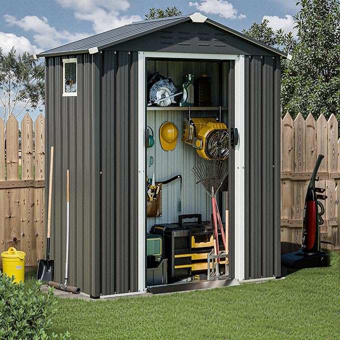 JY QAQA 5x3 FT Metal Outdoor Garden Storage Shed, Waterproof Metal Garden Sheds with Window and Lockable Double Door, Weather Resistant Steel Tool Storage House Shed for Patio, Lawn Gray