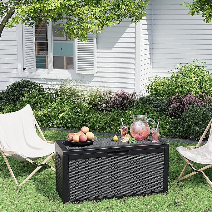 60 Gallon Outdoor Storage Box, Resin Deck Boxes Outdoor Waterproof For Patio Furniture, Garden Tools, Pool Supplies, Lockable And UV Resistant (Rattan Black)
