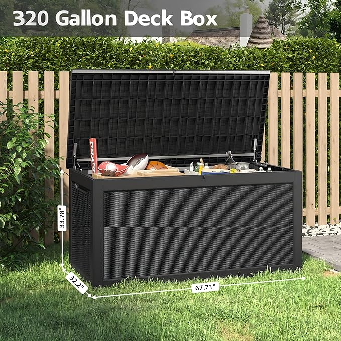 320 Gallon Outdoor Storage Box, Resin Deck Boxes Outdoor Waterproof For Patio Furniture, Garden Tools, Pool Supplies, Lockable And UV Resistant (Rattan Black)