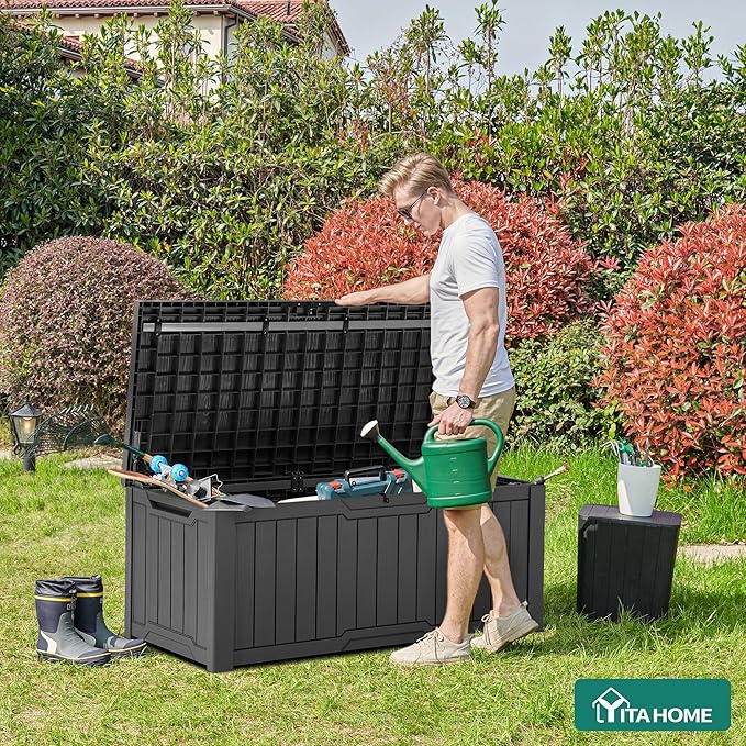 YITAHOME 120 Gallon Large Deck Box, Resin Outdoor Storage Box for Outdoor Pillows, Garden Tools and Pool Supplies, Waterproof, Lockable, Dark Gray