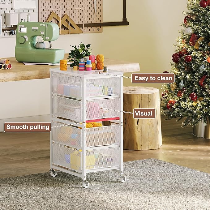 4-Drawer Rolling Storage Cart, Utility Cart with Drawers, White Metal Craft Cart Organizer with Wheels & Wooden Top, Art Supply Storage Organizer for Classroom, Office, Kitchen,Patent Pending