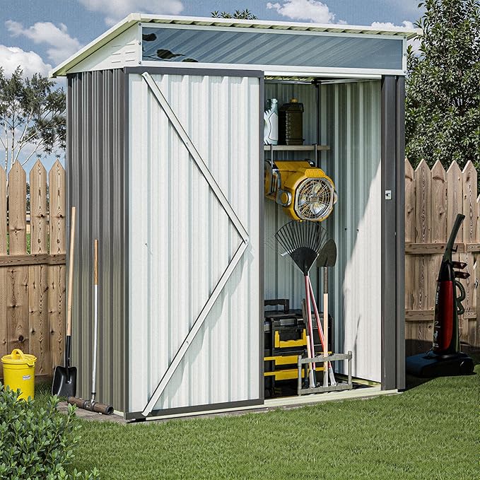 JY QAQA 5x3 FT Outdoor Garden Storage Shed, Waterproof Metal Garden Sheds with Window and Lockable Double Door, Weather Resistant Steel Tool Storage House Shed for Patio, Lawn Dark Gray